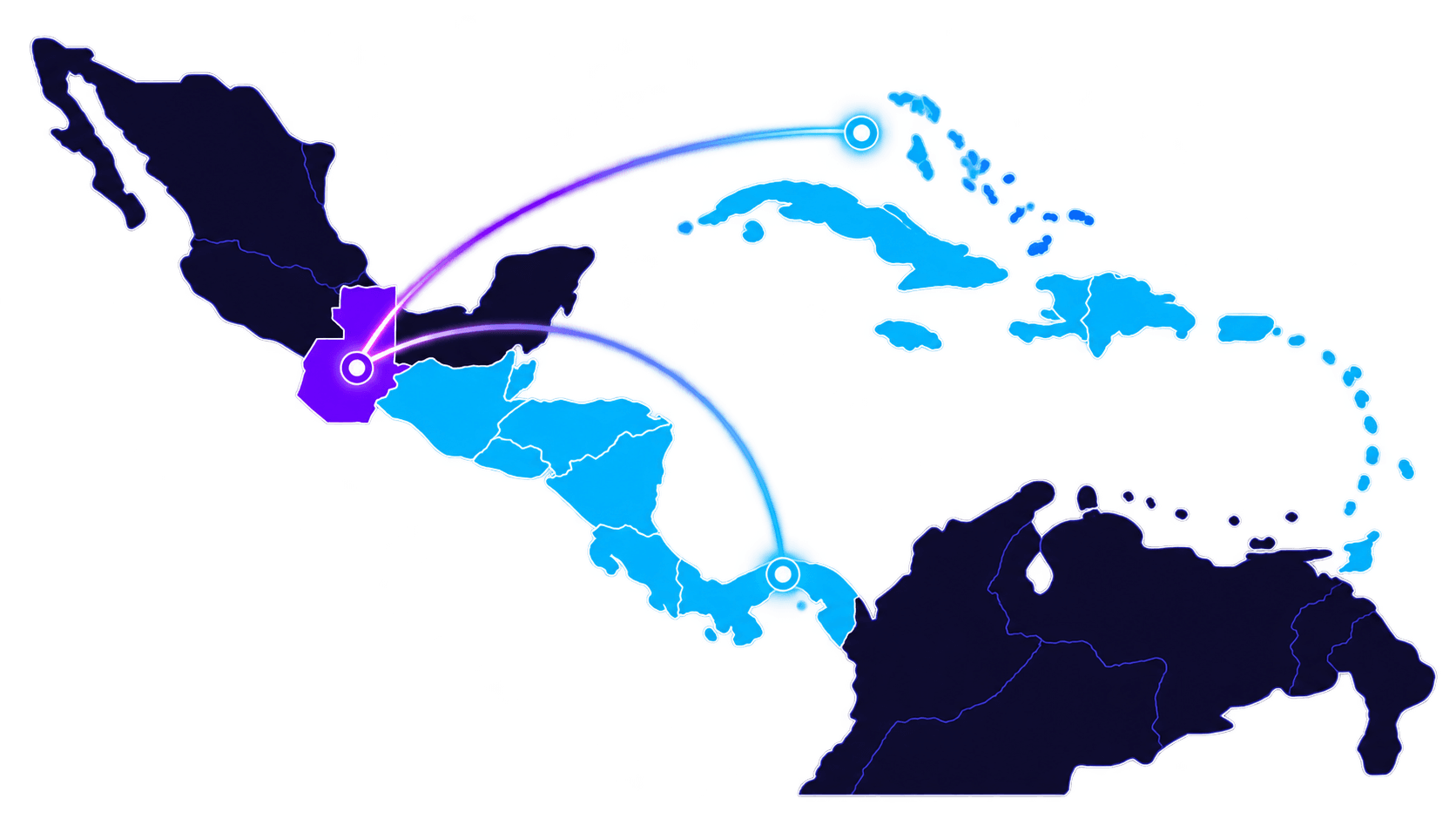 Mapa con la expansión de Influmedia desde Guatemala hacia Centroamérica y el Caribe